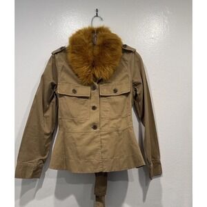J Crew Peplum Chino Jacket Faux Fur Collar Ridge Khaki Style# H1641 Belted Funky